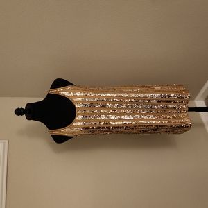 INC | Be Bold Gold Tan Silk Sequin Sleeveless Lined Side Zip Shift Dress NWT 4